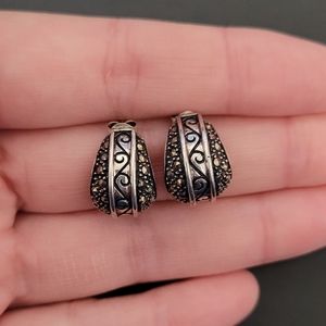 Vintage Marcasite Scroll Sterling Silver Scroll C hoop half hoop Post Earrings